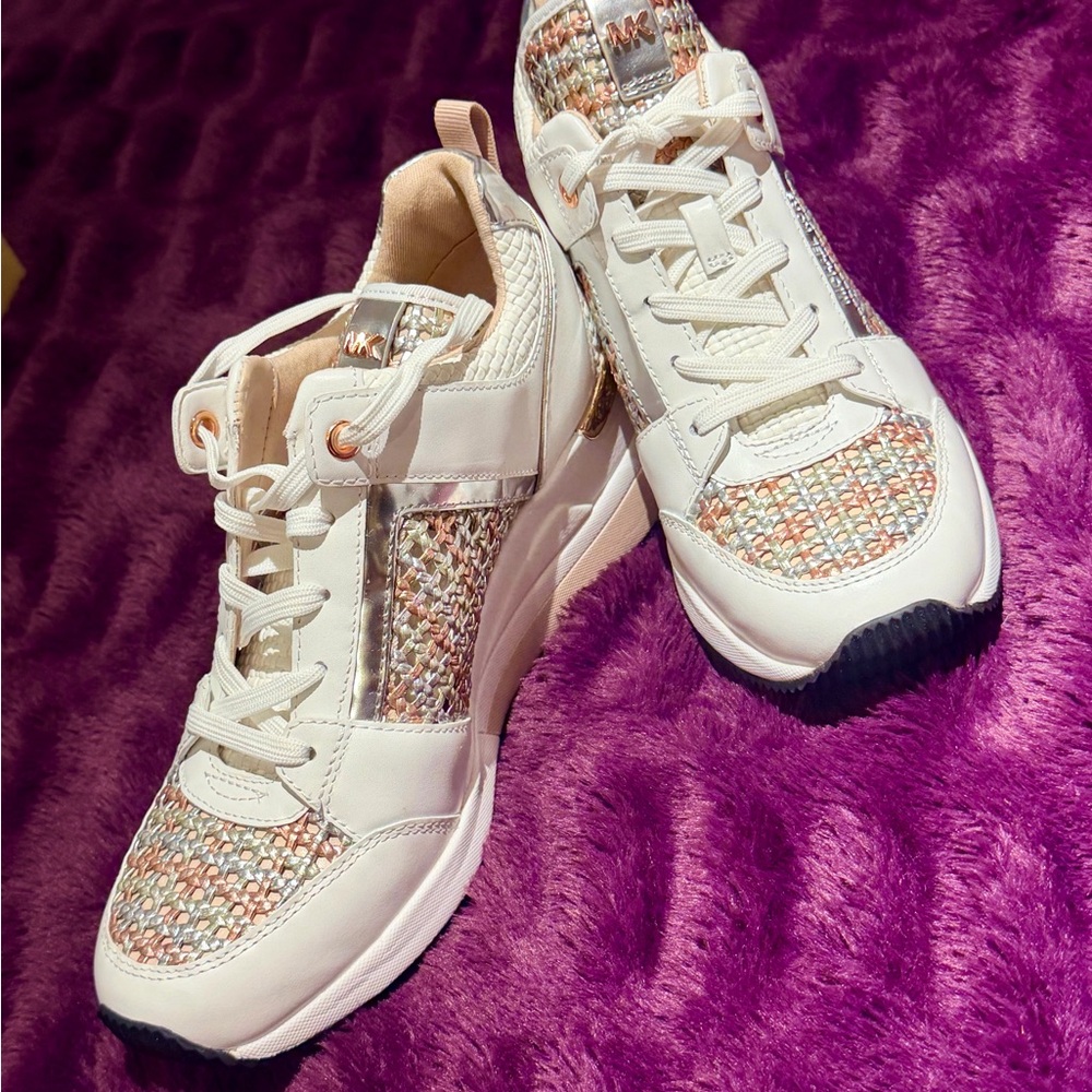 Michael Kors Wedge Sneakers | White & Rose Gold | Size 7.5 (BRAND NEW IN BOX)